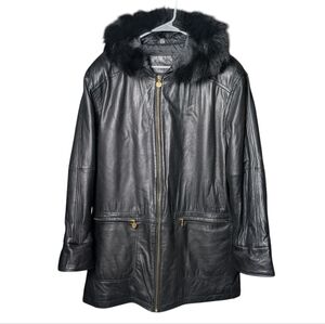 Jacqueline Ferrar Womens Black Leather Jacket Faux Fur Hood Zipper Like New